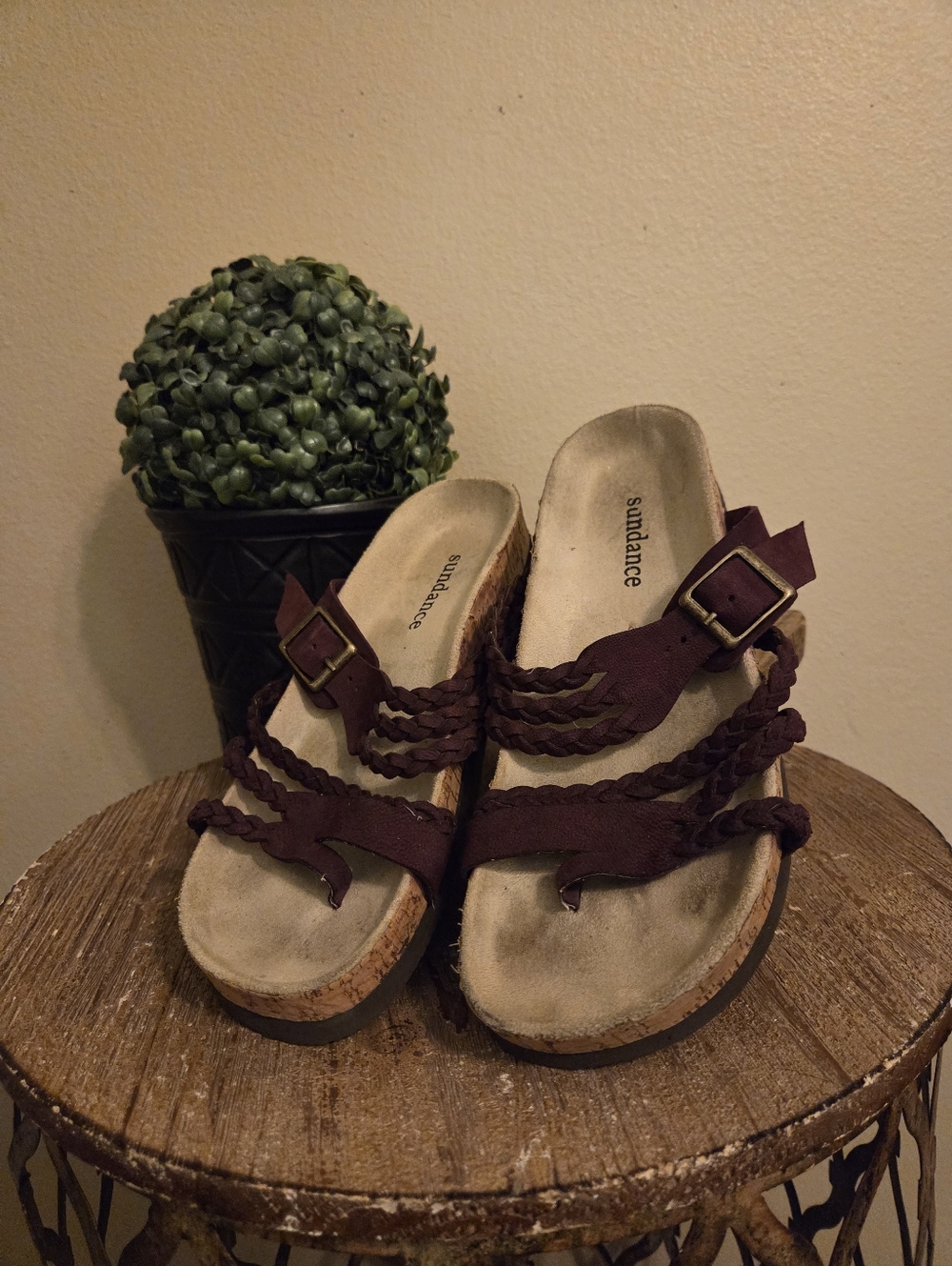 SUNDANCE Helena Burgundy Braided Leather Strappy Slide-On Sandals Women's SZ 38
